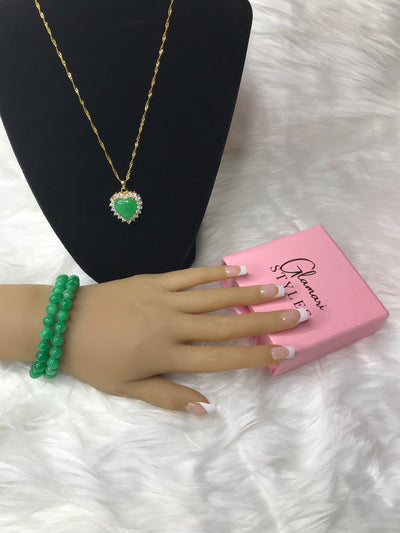 Jade Necklace & Healing Bracelet Set Green
